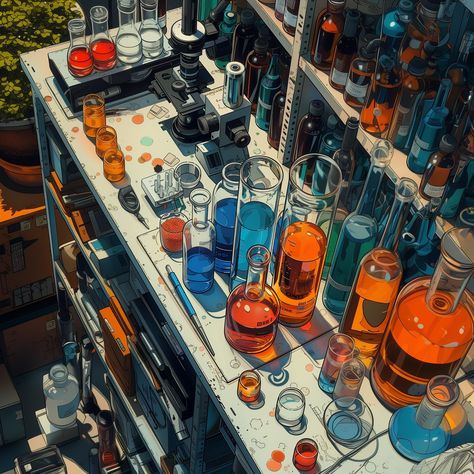 Wonders of Chemistry in the lab! 🧪🔬 #science #chemistry #lablife #research #potions #art #style #digital #digitalart #digitalartwork #fypシ #fyp Laboratory Cartoon Background, Pfp Science, Chemistry Anime, Science Lab Drawing, Laboratory Painting, Potions Art, Laboratory Illustration, Science Bottle, Science Lab Experiments