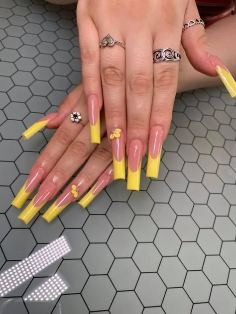 Yellow deep French cut acrylic nails Yellow Acrylic Nails French Tip, Yellow Glitter French Tip Nails, Yellow And Black Acrylic Nails, Yellow Acyrilics Nails, Baddie Yellow Nails, Yellow Acrylic Nails Square, Birthday Nails Yellow, Yellow Nails Acrylic Coffin Long, Yellow Long Acrylic Nails