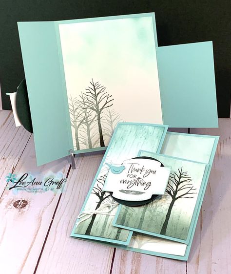 Thinking Of You Stampin Up Card Ideas, Handmade Card Designs Ideas, Cards With Trees, Beauty Of Friendship, Mountain Card, Handmade Paper Cards, Folding Cards, Fancy Fold Card Tutorials, Beautiful Friendship