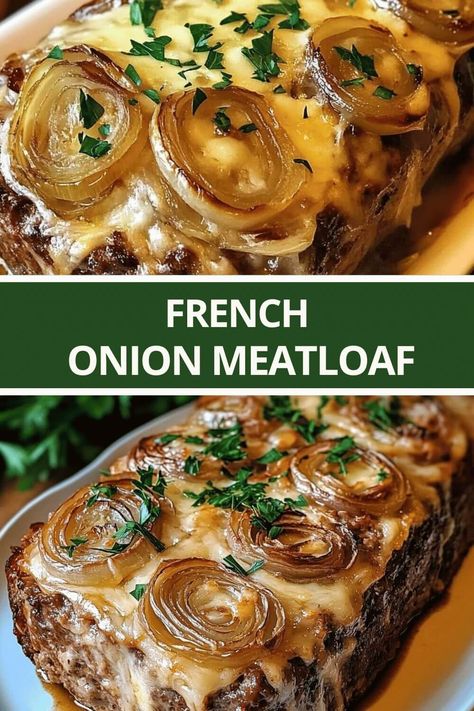 French Onion Meatloaf Fall Meatloaf Recipes, One Pan Meatloaf Dinner, French Onion Meatloaf With Melted Swiss, Caramelized Onion Meatloaf, Meatloaf French Onion Soup, Most Flavorful Meatloaf, Just Meat Recipes, Meatloaf With French Onion Soup, Interesting Ground Beef Recipes