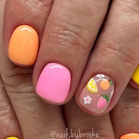 Brooke Jensen on Instagram: "🩷🧡💛the cutest fruit nails!🍓🍊🍋 . . . . -Do not remove my name off my picture. Ask for permission before using my photo on a website or for marketing purposes. #gelpolish #handpaintednailart #utahnailtech #utahnailartist #nailartist #nailart #naildesigns #nailartdesigns #freehandnailart #gelnails #nails #nailmagazine #nailinspo #springnails #springnailart #trendyspringnails #fruitnails #fruitnailart #sunsetnails #orangenails #lemonnails #strawberrynails #pinkfruitnails #yellowfruitnails #fruitynails #brightnails #summernails #summerfruitnails #summernailinspo" Summer Nails With Accent Nail, Nails With Fruit Design, Peaches Nails, Fruit Gel Nails, Short Fruit Nails, Fruit Nails Design, Spring Fruit Nails, Strawberry Lemonade Nails, Fruity Nails