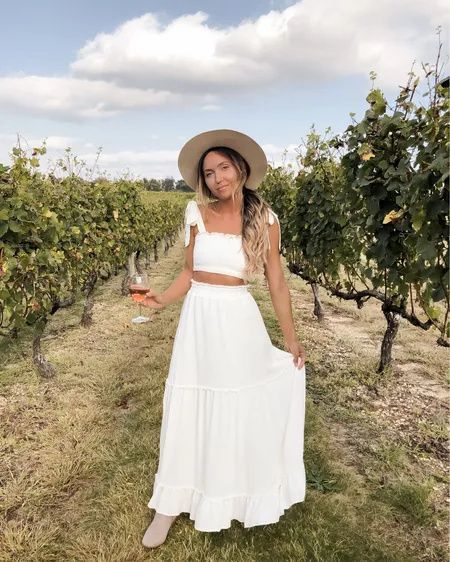 The perfect two-piece set for your next summer winery date! 😍 Original is sold out but the linked items are super similar! Also my Lack of Color lookalike hat is still on sale for $34! http://liketk.it/3g5yc @liketoknow.it #liketkit #LTKsalealert #LTKstyletip #LTKunder50 #ltktravel #ltksummer #ltkseasonal / summer outfit, maxi skirt, crop top Winery Outfit Inspiration, Bachelorette Vineyard Outfit, Wine Vineyard Outfit Winter, Winery Outfit Bachelorette Party, Winery Dress Outfit Summer, Bachelorette Party Winery Outfit, Winery Tour Outfit Summer, White Winery Outfit, Napa Bachelorette Outfit