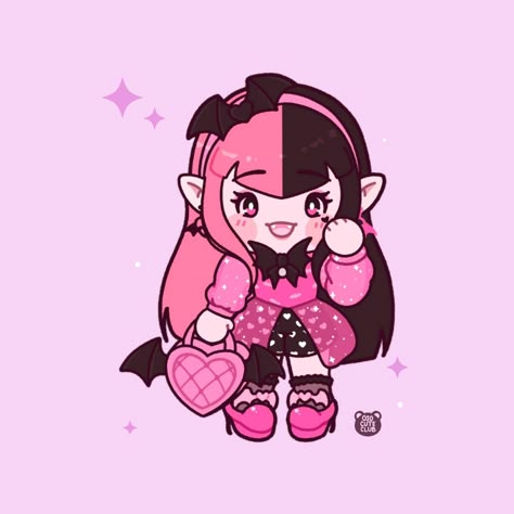 A super deformed/chibi drawing of Draculaura by Osocuteclub. Her skin is light pink with a black heart tattoo under one eye. She has split pink and black hair. She is wearing a pink shirt with semi-transparent pink sleeves. Her shorts are black with a repeating white heart pattern. She is wearing pink high heels and is holding a pink purse that has black bat wings. G3 Draculaura, Draculaura G3, Draculaura Aesthetic, Monster High Fanart, Monster High Draculaura, Monster High G3, Arte Monster High, Art Chibi, Moster High