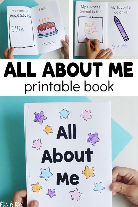 All About Me Books For Preschool, Preschool Book Themes, Book Activity Preschool, Who Am I Crafts For Preschool, Make Your Own Book Preschool, All About Me Books Preschool Free Printable, All About Me Prek Free Printable, All About Me Page Preschool, Getting To Know Me Preschool