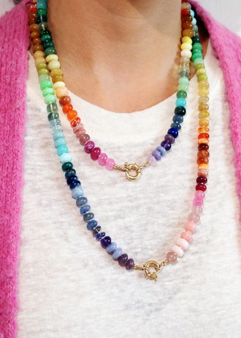 The Encirkled Rainbow Gemstone Necklace is a cult favorite and a classic Encirkled piece- the ultimate addition to your neck stack. This piece includes bright colored rainbow gemstones featuring a 14k spring ring closure, that is perfect for displaying your favorite charms. 8mm assorted gemstones that may include amethys...#JewelryAddict #Natures #Unveiling #the #Jewelry #Style #the #of #Accessories #of #Gemstone #Treasures #Exploring #Gemstone #Beauty #Allure #JewelryLovers #StatementJewelry Rainbow Stone Necklace, Rainbow Gemstone Necklace, Neck Stack, Pink Moonstone, Rainbow Gemstones, Rainbow Necklace, Peruvian Opal, Gemstone Beaded Necklace, Authentic Jewelry