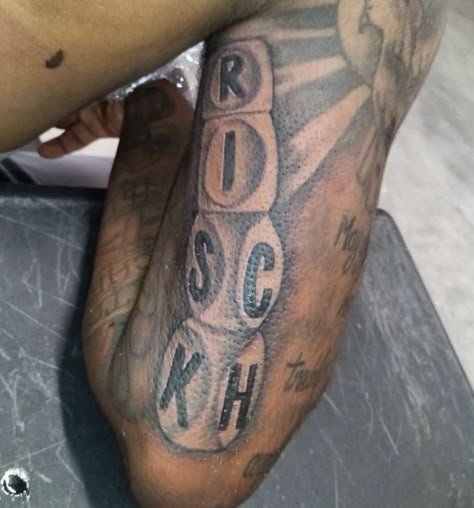 Risk Rich Tattoo For Men, Say Less Tattoo, Keep Showing Up Tattoo, Back Bicep Tattoo Men, Arm Sleave Ideas Men, Inside Of Bicep Tattoo For Men, Simple Hand Tattoos Men, Road To Riches Tattoo For Men, Loyalty Over Love Tattoo For Men