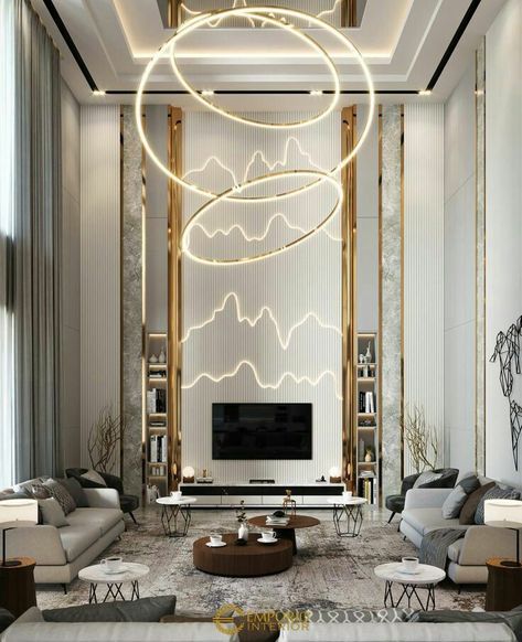 High Ceiling Living Room Decorating Ideas | Living Room Wall Decorating Ideas | Home Decor Double Height Ceiling Design Modern, Double Height Tv Wall Design, Backdrop Tv Luxury, Double Height Wall Design Modern, Double Height Living Room Modern, Double Height Ceiling Design, درج السلم, Double Height Living Room, Console Unit