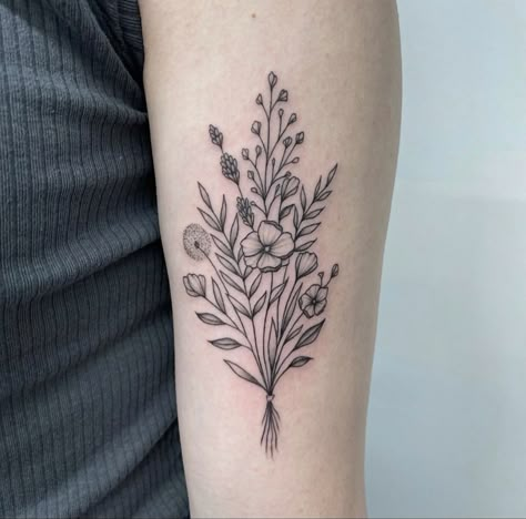 Bundle Of Wildflowers Tattoo, Wildflower Tattoo Bicep, Wild Flowers Tattoo Design, Wildflower Bouquet Tattoo, Wheat Tattoo, Grandma Tattoos, Everyday Princess, Nature Tattoo Sleeve, Verse Tattoos