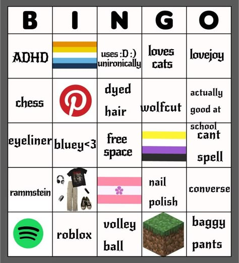 Normal Human Bingo, Character Bingo Kinnie, Nonbinary Bingo, Pan Bingo, Therian Bingo, Bottom Bingo, Tiktok Bingo, Childhood Bingo, Bingo Games For Adults