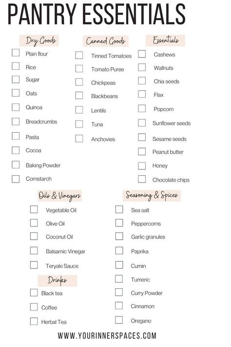 Pantry Items List, Pantry Food Ideas, Pantry Basics List, Pantry Restock List, Pantry Must Haves Food, Pantry Organization Categories, Storage Containers Organizing, Declutter Pantry, Realistic Pantry Organization