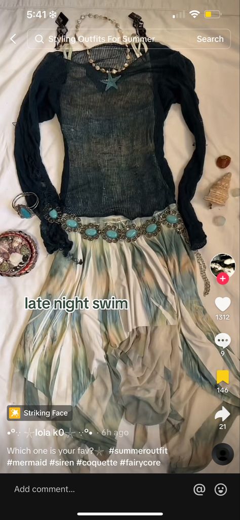 Siren Clothes Aesthetic, Dark Mermaid Core Outfits, Siren Clothing Aesthetic, Siren Aesthetic Outfit Casual, Dark Mermaid Outfit, Modern Mermaid Aesthetic Outfit, Dark Mermaidcore Outfit, Dark Siren Fashion, Dark Siren Aesthetic Outfit