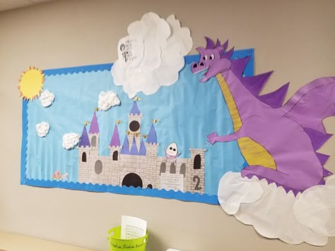 Fairy tail bulletin board Fairy Tail Classroom Theme, Fairy Tale Bulletin Board, Dragon Bulletin Board, Fairytale Classroom Theme, Crafts Display Ideas, Royal Throne Room, Fairy Tale Classroom, Fairytale Classroom, Plant Classroom