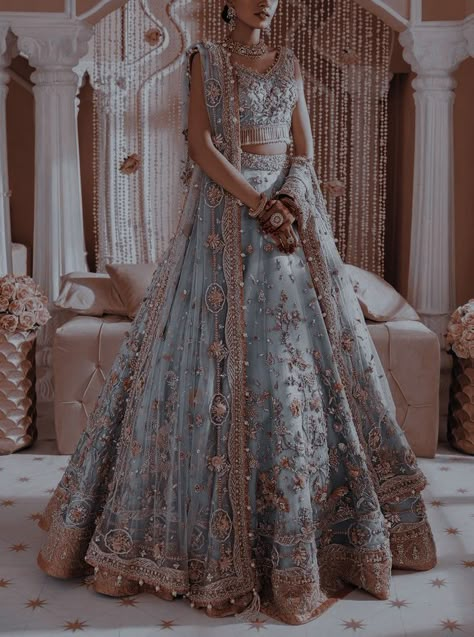 Indian Royal Dress, Nikkah Lengha, Princess Lengha, Desi Prom Dresses, Prom Lengha, Blue Wedding Dress Indian, Indian Princess Aesthetic, Valima Outfit, Wedding Lengha