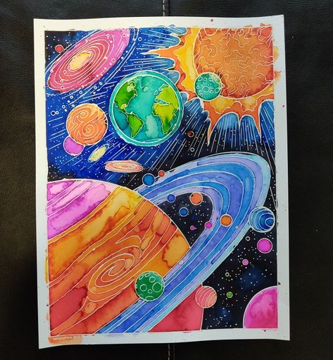 Space Themed Painting Ideas, Drawing Planets Space, Space Art Easy, Planet Painting Ideas, Space Drawings Galaxies, Solar System Drawing, Galaxy Artwork, Planet Drawing, Cosmos Art