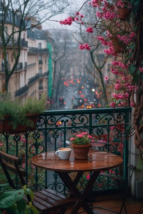 Balcony View Aesthetic, Balcony Rain Aesthetic, Paris Balcony Pictures, Paris Aesthetic Balcony, Paris Balcony Night, Rain And Coffee, Rainy Day Aesthetic, Balcony Design Ideas, Small Balcony Design