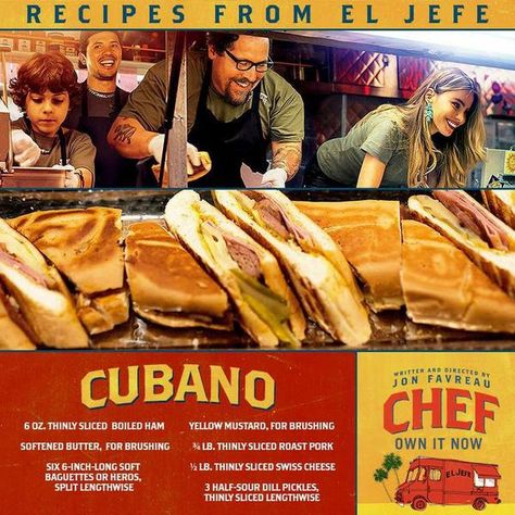 El Jefe Cubano Sandwich recipe from movie Chef! Movie Food Recipes, Chef Movie, Cubano Recipe, Sandwich Cubano, Rule 32, Boiled Ham, Cubano Sandwich, Movie Food, Tacos And Burritos