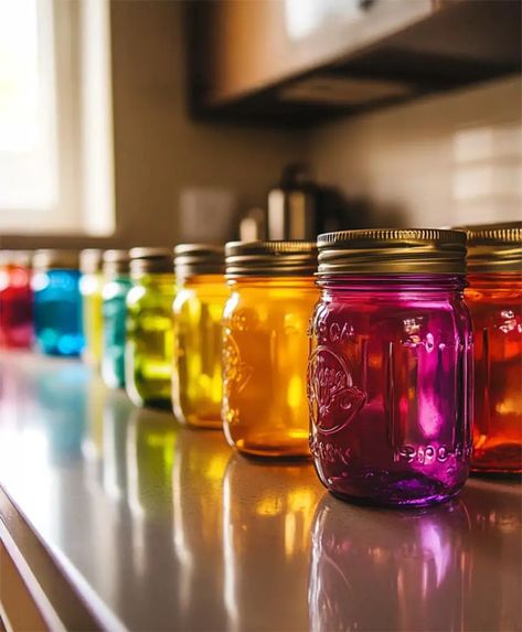 DIY Mason Jar Tinting: Easy Steps for a Colorful Makeover! - Mental Scoop Colored Jars Diy, How To Paint Glass Jars, Coloring Mason Jars, Tinting Mason Jars Diy, Tinting Jars, Mason Jar Painting Ideas, Tinted Glass Jars, Staining Mason Jars, Mason Jar Painting