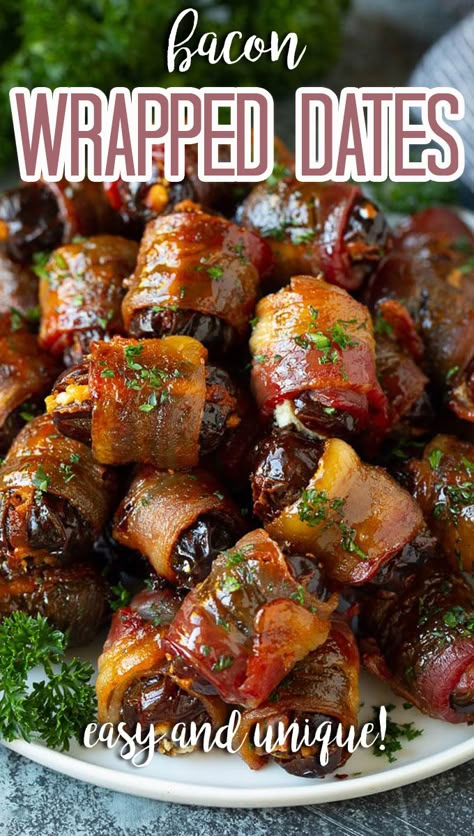 These bacon wrapped dates are stuffed with goat cheese, covered in bacon, then brushed with maple syrup before they go into the oven to bake to perfection. Bacon Wrapped Dates In Crockpot, Bacon Wrapped Dates With Cream Cheese, Bacon Wrapped Dates With Goat Cheese, Bacon Dates, Bacon Recipes Appetizers, Wrapped Dates, Stuffed Dates, Bacon Wrapped Dates, Bacon Appetizers