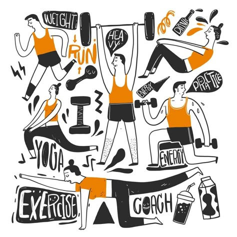 Exercise Drawing, Painting Strokes, Gym Art, Fitness Art, Doodle Style, Drawing Exercises, Poster Drawing, Sketch Illustration, Hand Drawn Vector