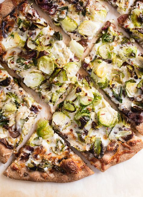 Brussels sprouts pizza recipe - cookieandkate.com Crazy Pizza, Unhealthy Recipes, Cookie And Kate, Creative Pizza, Wheat Pizza, Pizza Ideas, Savory Treats, Whole Wheat Pizza, Pizza Pizza