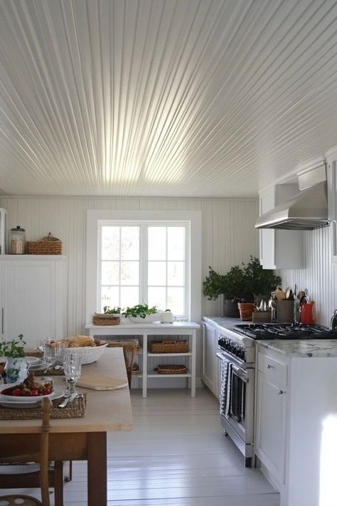 "Transform your space with the classic look of a DIY Beadboard Ceiling! 🛠️🪜 Ideal for creating a cozy and stylish atmosphere. 🌿✨ #CeilingDesign #DIYHome #BeadboardStyle" Beadboard Living Room Ideas, Tongue And Groove Ceiling Kitchen, Floor To Ceiling Beadboard, Beadboard Living Room, Ceiling Beadboard, Diy Beadboard, Bead Board Walls, Tongue And Groove Ceiling, Beadboard Backsplash