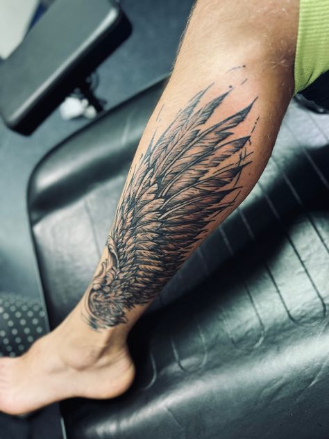 Wing Tattoo Men Leg, Leg Wing Tattoo Men, Wings Leg Tattoo Men, Leg Eagle Tattoo, Angel Wing Calf Tattoo, Wings On Legs Tattoo, Calf Wings Tattoo, Wing Leg Tattoo Men, Wing Calf Tattoo