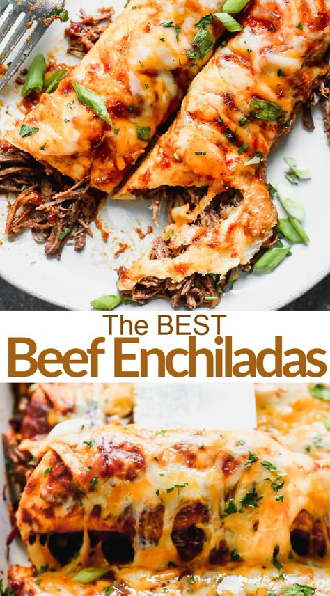 Enchilada Shredded Beef, Best Shredded Beef Enchilada Recipe, Smoked Beef Enchiladas, Types Of Enchiladas, Pulled Beef Enchiladas, Beef Enchiladas Instant Pot, Best Enchilada Recipe Beef, Beef And Chicken Enchiladas, Mexican Enchiladas Beef