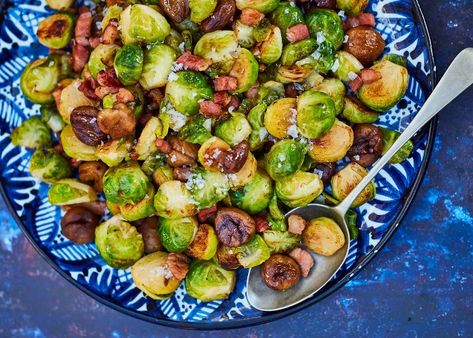 Brussels sprouts with bacon and chestnuts recipe Sprouts And Bacon, Brussels Sprouts Chestnut, Christmas Sprouts, Chestnut Recipes Savory, Chestnuts Recipes, Sprouts With Chestnuts And Bacon, Brussel Sprout Recipes With Bacon, Roasted Chestnuts Recipes, Brussel Sprout With Pancetta Recipes