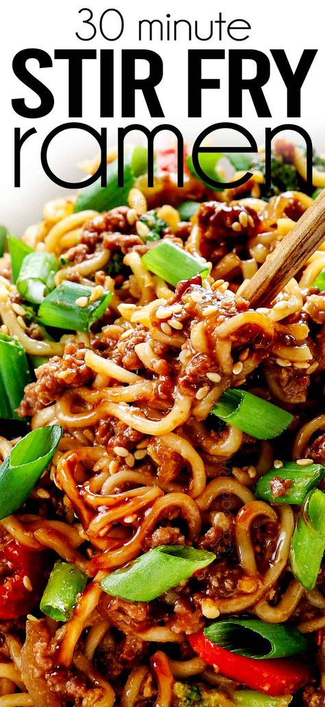 This Ramen Stir Fry is saucy, satisfying, flavor-packed and on your table in 30 minutes! It belongs in your easy dinner repertoire! #recipe #recipes #recipeoftheday #recipeideas #recipeseasy #easyrecipe #groundbeef #beef #beefrecipe #beefrecipes #groundbeefrecipe #groundbeefrecipes #dinner #dinnerrecipes #dinnerideas #recipesfordinner #oneskilletmeal #oneskilletdinner #stirfry #easystirfry #beefstirfry #noodlestirfry #ramen #ramennoodles #ramenstirfry #stirfryramen #ramenrecipe #ramenrecipes Sweet Chili Ramen Noodle Recipes, Saucy Ramen Noodle Recipes, Healthy Ramen Stir Fry, Healthy Ramen Noodle Stir Fry, Healthy Ramen Stir Fry Recipes, Ramen Noodle Steak Stir Fry, Hamburger Ramen Noodle Stir Fry, Stir Fry Ramen Noodles, Fried Ramen