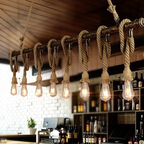 Rope Lights Ideas, Bar Lights Ideas, Bar Hanging Lights, Hanging Lights Ideas, Ceiling Rope Lighting Ideas, Lights Hanging From Ceiling, Rustic Drop Lights, Burlap Chandelier, Long Light Fixture