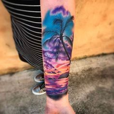 Hip Tattoo Quotes, Beach Tattoo Ideas, Sunset Tattoo, Tropical Tattoo, Tattoo Wallpaper, Skull Hand Tattoo, Spirit Tattoo, Sunset Tattoos, Band Tattoos