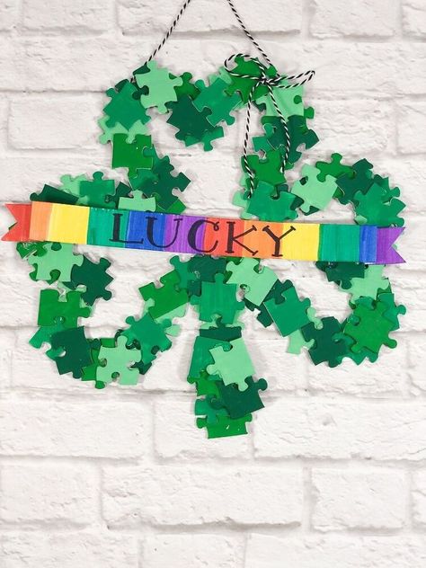 Paper Flowers Easy Kids, Puzzle Pieces Crafts, Make Paper Flowers Easy, Paper Flowers Easy, Puzzle Piece Crafts, Shamrock Craft, Shamrock Wreath, Adult Activities, Front Door Diy