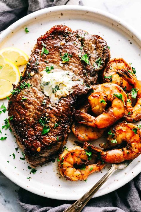 Skillet Garlic Butter Steak and Shrimp Steak And Shrimp Dinner, Good Steak Recipes, Butter Steak, Steak And Shrimp, Shrimp Dinner, Garlic Butter Steak, Pan Seared Salmon, Steak Butter, Cheesy Bread