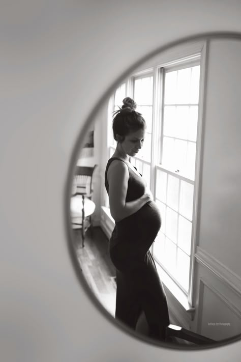 This maternity photo of a pregnant mama reflected in a mirror next to a window was taken by Virginia newborn & family photographer Kathryn Lee Photography | Northern Virginia | Washington DC | Richmond, VA | #kathrynleephotography Photo Pregnant, Indoor Maternity Photos, Home Maternity Photography, Mother Photo, Maternity Studio Photoshoot, Maternity Photography Family, Pregnancy Pictures, Maternity Photography Poses Pregnancy Pics, Couple Pregnancy Photoshoot