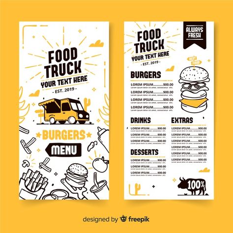 Menu Design Layout, Drawn Food, Menu Design Inspiration, Food Truck Menu, Menu Card Design, Burger Menu, Food Menu Template, Desain Buklet, Menu Design Template