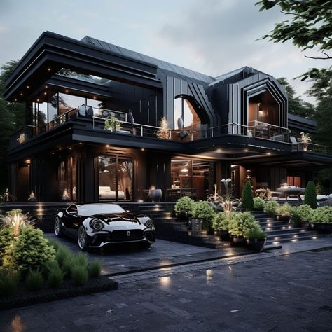 Mansion Black Aesthetic, Black Modern House Exterior Luxury, Fantasy Modern House, Black Modern Mansion Exterior, Black Mansions Luxury, Black Mansion Aesthetic, Beautiful Mansions Luxury Dream Houses, Black Mansion Exterior, Black Luxury House Exterior