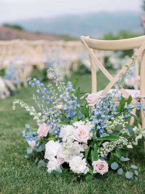 White peony, blush rose, blush spray rose, blue delphinium, lysimachia, white hydrangea, white delphinium ceremony aisle floral hedge Blue Hydrangea Pink Roses, Blue Delphinium Wedding, Wedding Ceremony Aisle Flowers, Blush Wedding Flowers Centerpiece, Floral Hedge, Delphinium Wedding, Ceremony Aisle Flowers, Rococo Wedding, Flowers Blue And White