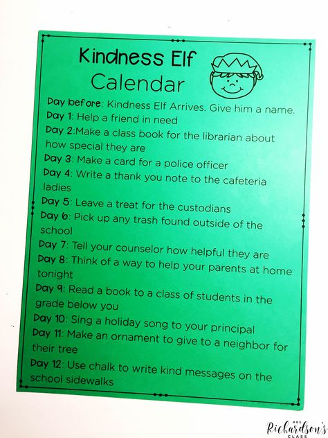 Kindness Grinch Classroom, Elf Kindness Challenge, Elf Calendar, Elf In The Classroom, Christmas In The Classroom, Kindness Elf, Elf Classroom, Kindness Club, Classroom Elf