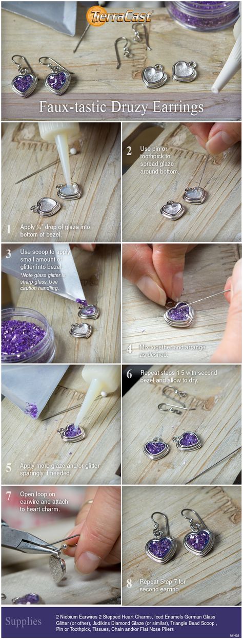 Make spectacular earrings with TierraCast Stepped Heart charms and glass glitter with this easy faux-druzy technique. Easy Resin Earrings, Diy Druzy Earrings, Diy Resin Earrings, Diy Wire Earrings, Jewelry Making Business, Glass Glitter, Druzy Jewelry, Druzy Earrings, Glitter Earrings