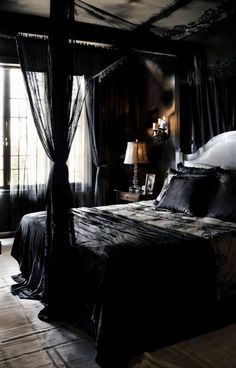 Spooky Bedroom, Canopy Bed Drapes, Black Canopy Bed, Skeleton Wall Art, Bed Drapes, Halloween Bedroom Decor, Stylish Bedroom Decor, Gothic Interior, Colorful Room Decor