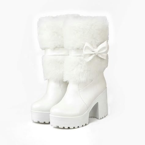 White Platform Boots, Almond Toe Boots, Thick Heel Boots, Dr Shoes, Cute Shoes Heels, Bow Boots, Boots White, Faux Fur Boots, Bow Decor