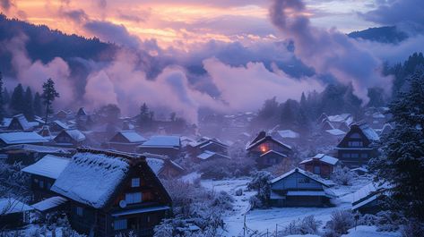 "Snowy #Evening Village: A serene snow-covered #Town awakens amid a mystical twilight with wisps of #Mist embracing the hills. #snow #twilight #village #clouds #mountains #aiart #aiphoto #stockcake ⬇️ Download and 📝 Prompt 👉 https://stockcake.com/i/snowy-twilight-village_229000_43281". Forest Village, Winter Forest, Ocean City, Free Stock Photos, High Quality Images, Forest, Stock Photos