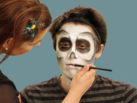 Halloween Makeup Tutorial: Skeleton - on HGTV Skeleton Makeup Guy Easy, Half Face Skeleton Makeup Men, Men’s Skeleton Makeup, Skeleton Costume Face Paint, Skeleton Makeup Diy, Pretty Skeleton Makeup, Half Skeleton Makeup, Easy Skeleton Makeup, Skeleton Makeup Tutorial