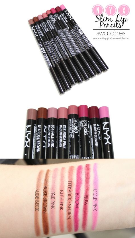 Nyx Slim Lip Pencils - 8 Shades ♥ Swatches & Comparison Nyx Slim Lip Pencil Swatches, Nyx Lip Pencil Swatches, Nyx Lip Liner Swatches, Nyx Lip Pencil, Nyx Slim Lip Pencil, Nyx Lip Liner, Makeup Shopping, Lipstick Pencil, Nyx Lip