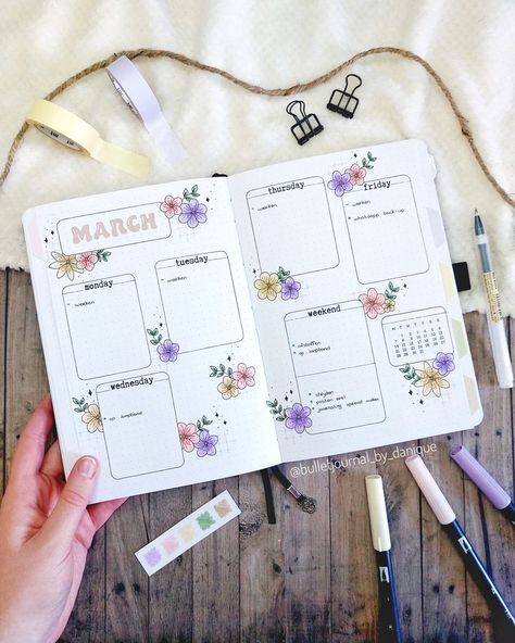 Bujo Flower Theme, Flower Bullet Journal Theme, Bujo Weekly Spread Layout, Bujo Flowers, Flower Bullet Journal, Bujo Themes, Bullet Journal Set Up, Organization Bullet Journal, Bullet Journal Ideas Templates