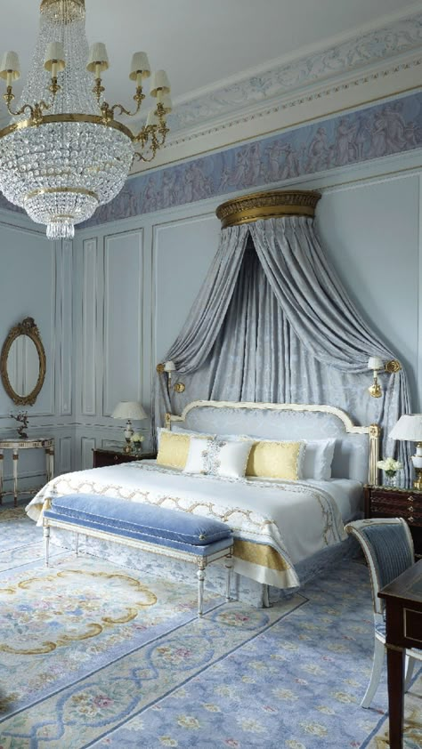 Bookshelf Colors, French Hotel Room, French Chateau Bedroom, Rococo Room, Chateau Bedroom, Rococo Bedroom, Shangri La Paris, Parisian Design, Princess Bedrooms