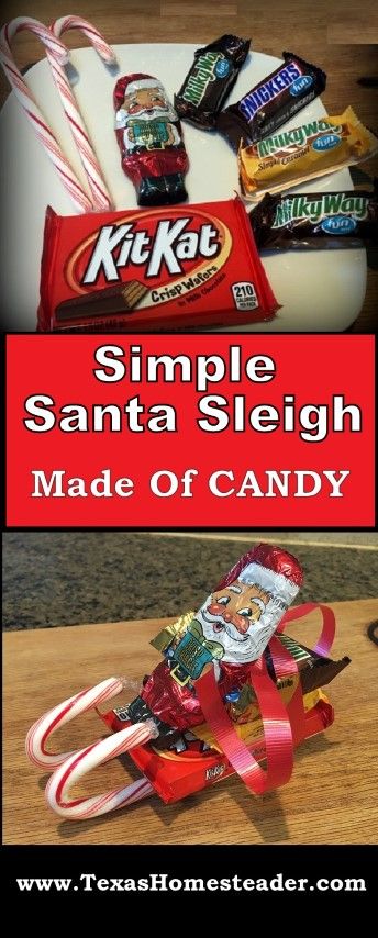 This Simple Christmas Santa sleigh is made of candy - KitKat, candy bars, candy canes and a chocolate Santa. #TexasHomesteader #Christmas #Santa #Sleigh #GiftIdea #MYOGift Candy Bar Sleigh, Kit Kat Sleigh, Candy Christmas Sleighs, Candy Santa Sleigh Diy, Candy Sleigh Craft, Candy Sleds Diy Christmas, Chocolate Santa Sleigh, Christmas Sleigh Candy, Candy Treats For Christmas