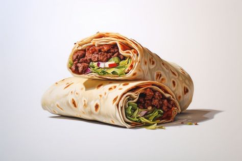 Burrito Aesthetic, Food White Background, Taco Drawing, Beef Burrito, Tortilla Wrap, Bread Food, Tortilla Wraps, Burritos, Bread Recipes