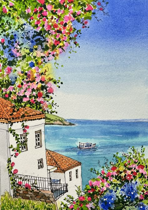 Italy Painting Easy, Watercolor Landscape Paintings Easy, Seascape Drawing, Italy Drawing, Easy Scenery Drawing, Frame Drawing, Greek Paintings, Summer Drawings, Book Art Projects