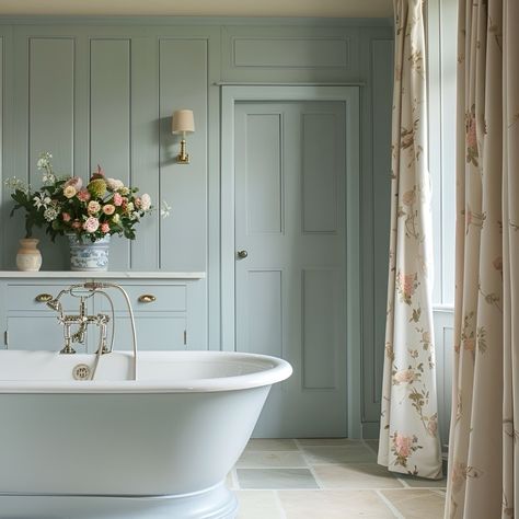 Woodmancote Family Home, The Cotswolds  Duck egg blue and peach tones with floral drapery and bed throw “Olivia - red/green” from @colefaxandfowler create a comfortable layered experience in the Master Bedroom and “Rose Briar in Pale Pink” from @chelseatextiles in the En-suite.  Panelling was introduced in each room, enhancing the cornicing and other existing architectural features of the property.    #timelessdesign #freshinteriors #sustainableinteriordesign #cotswoldhomes #ensuitedesign Duck Egg Tiles Bathroom, Pale Green Bathroom, Pink And Blue Vintage Bathroom, Duck Egg Blue Bathroom Tiles, Pale Green Tiles In Bathroom, Duck Egg Metro Tiles Bathroom, Duck Egg Blue Interiors, Duck Egg Blue Bedroom, Blue Interior Doors